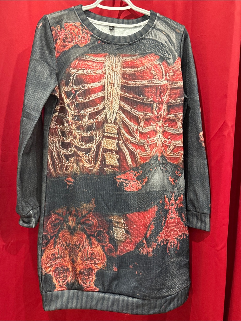 Source Unknown Black and Red Skeleton & Roses Sweatshirt Dress